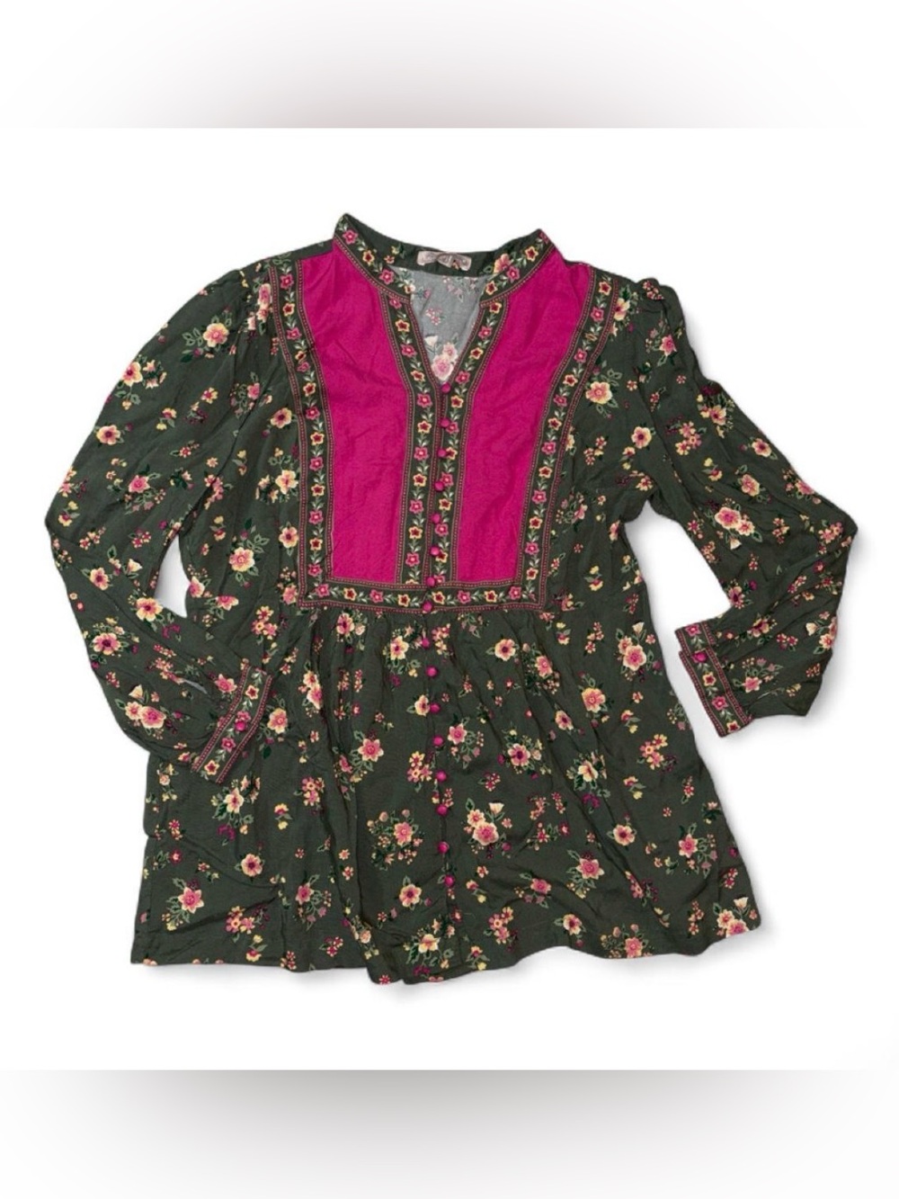 Woman Within Olive Green Floral Tunic with Magenta Yoke
